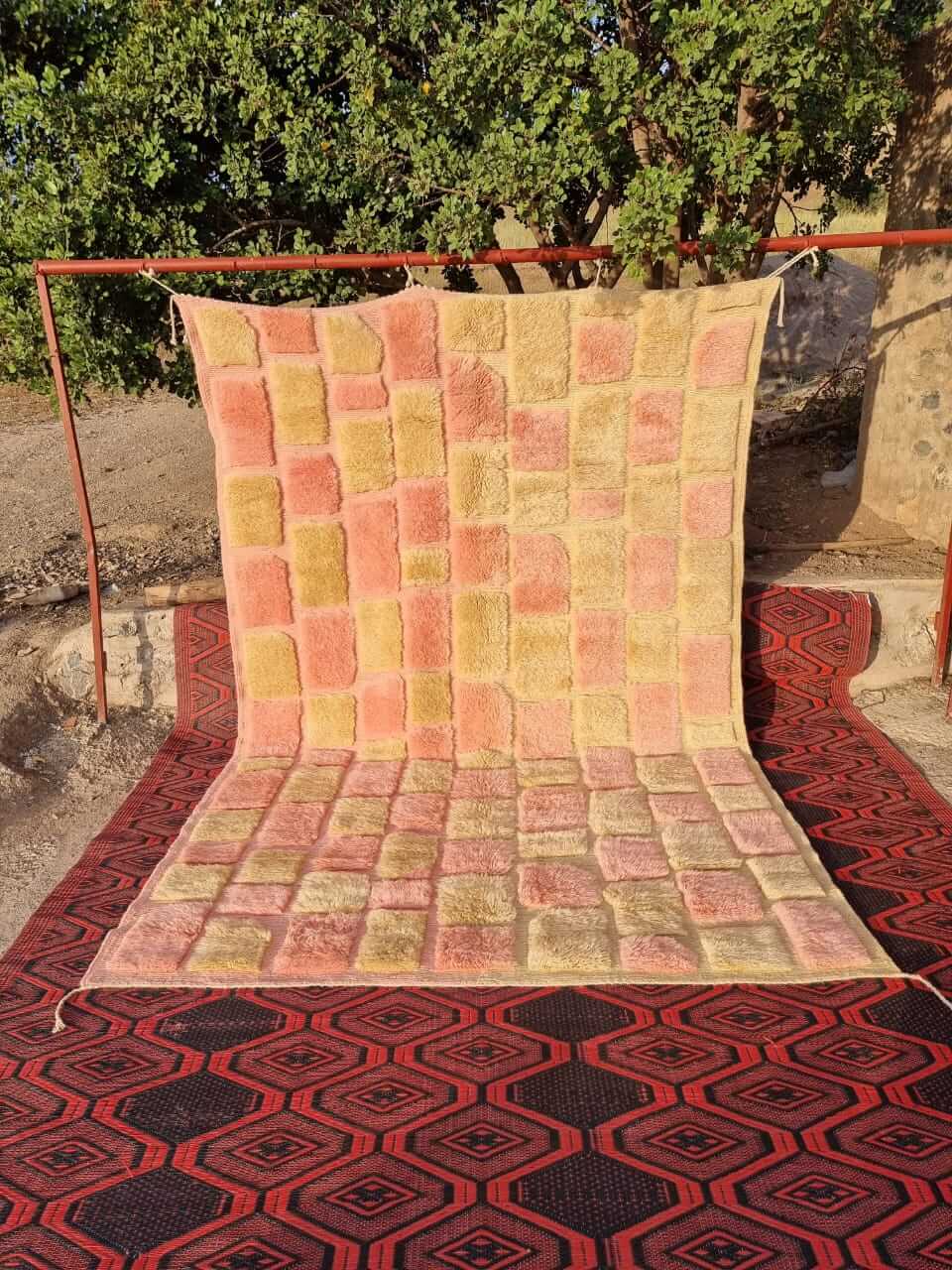 Ouive Moroccan Checkered Rug Made-to-Order Pink and Tan Wool Area Rug