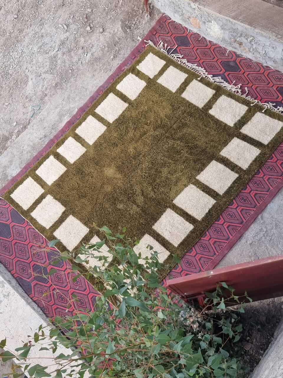 Beni ourain rugs, Olive Green Mini Checkered Rug 2121